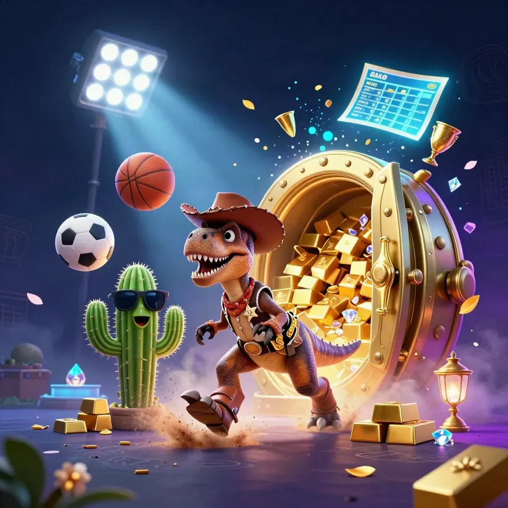 Cowboy T-Rex and sidekicks burst through a gold vault with sports balls and casino sparkle.