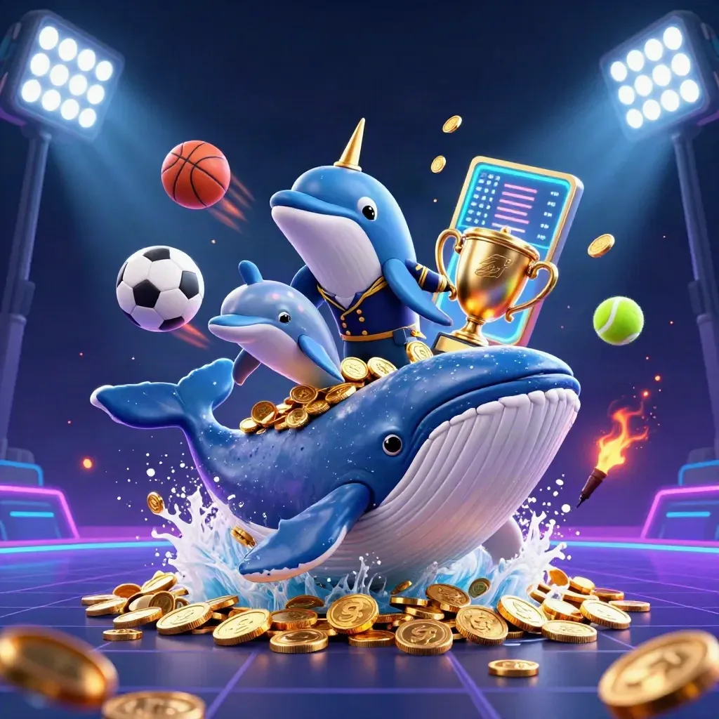 Whale captain and sea creatures burst through coins with flying sports balls under neon lights.