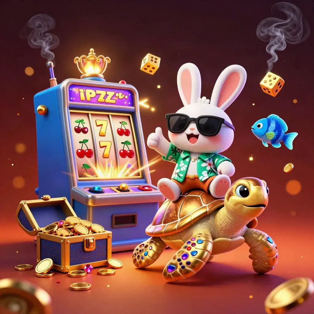 Lucky rabbit on a gold sea turtle amid slot bursts, gold, gems, and casino glow