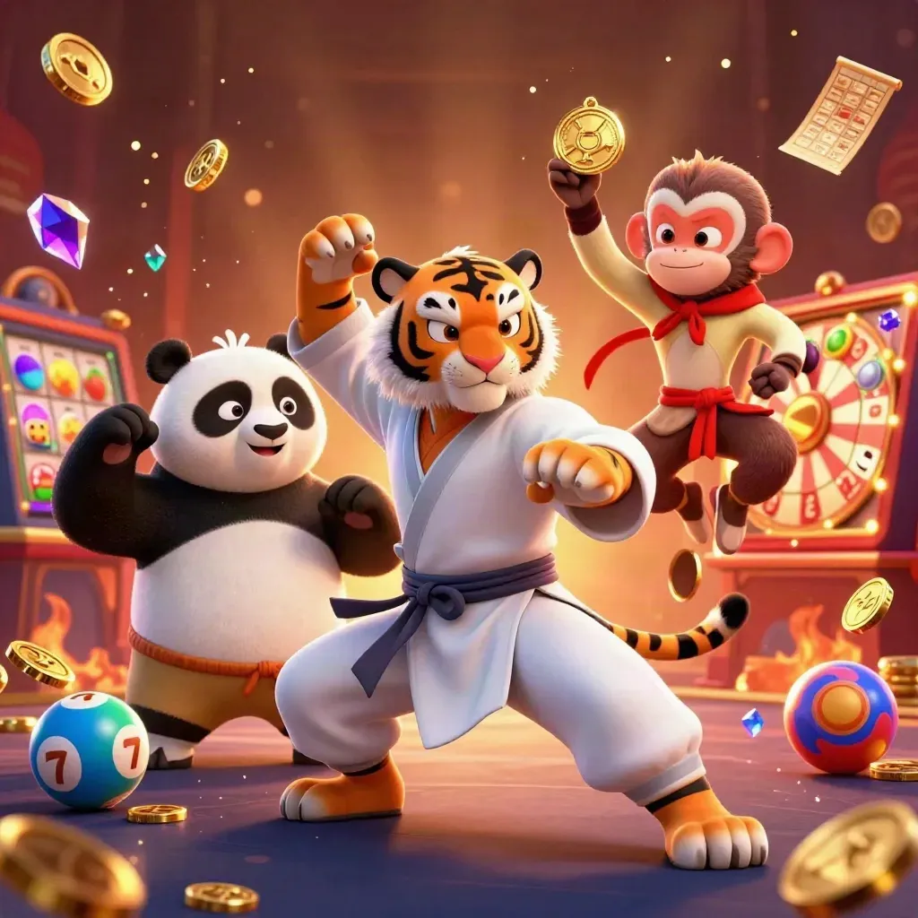 Kung-fu tiger, panda, and monkey amid casino icons, treasure, and golden light.