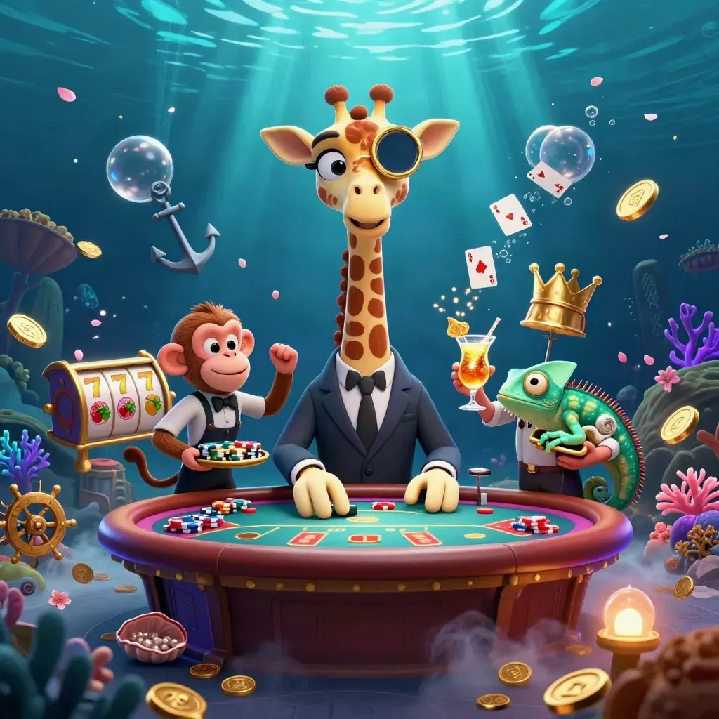 3D cartoon giraffe, monkey valet, and chameleon bartender in a glowing underwater treasure cove