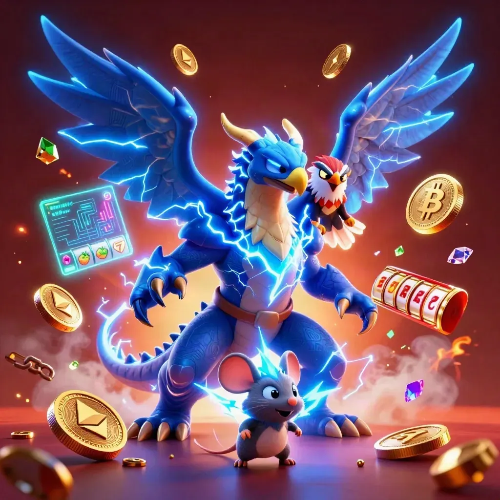 Thunder dragon, wind hawk, and static mouse amid casino coins, lightning, and ember glow.