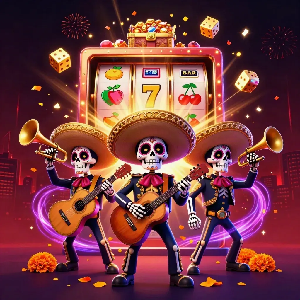 Skeleton mariachi trio with slot burst, gold, dice, cherries, and neon casino energy