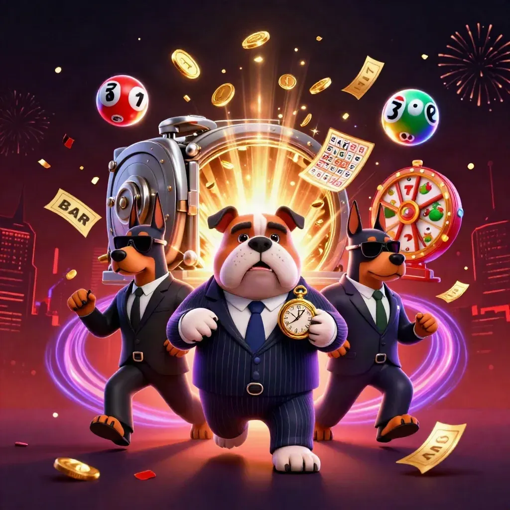 Cartoon bulldog boss with Doberman guards amid coins, jackpot reels, fireworks, and casino confetti