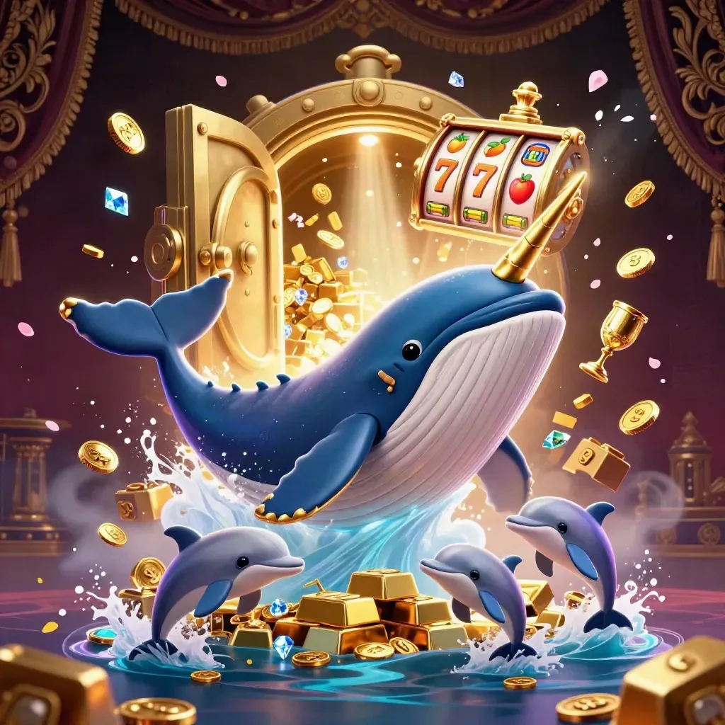 Whale captain, narwhal, and dolphins burst through coins amid a glowing casino vault and emerald-gold light.